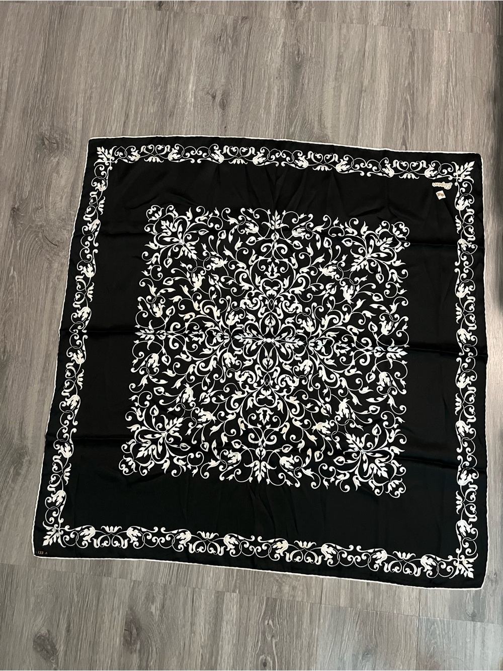 Akel- Turkish Black and White Floral Scroll Square Scarf - Classic Women's Wrap